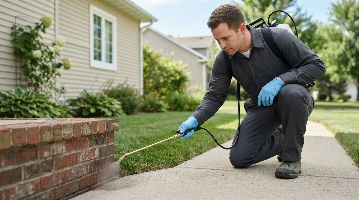 Pest control technician treating a home near Burlington, VT